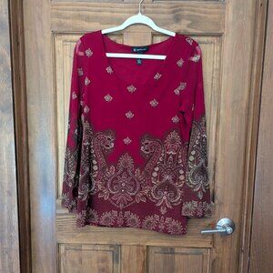 INC International Concepts Women's Red Print Long Sleeve Tunic Blouse. Size M